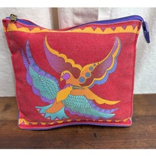 Laurel Burch Canvas Zip Cosmetic Travel Bag Clutch Bird Design Bohemian Folk Art