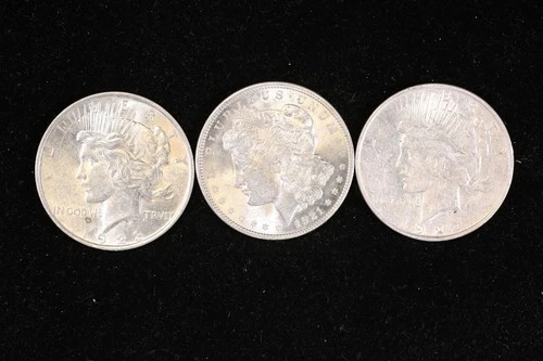 US 90% SILVER DOLLAR LOT OF 3 COINS PEACE MORGAN AU BU FREE SHIPPING NR!