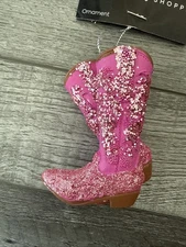 NWT 2025 Christmas Shoppe Resin Pink Cowgirl Boots Ornament Sparkly
