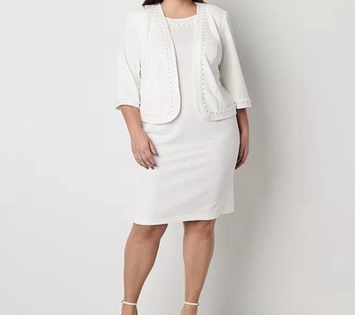18w Maya Brooke Womens Plus Pearl Trim Jacket Dress White