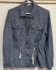 J. Jill Love 100% Linen Women Jacket Blue Button Drawstring Blazer Chambray SM