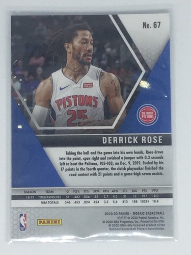 DERRICK ROSE 2019-20 Panini Mosaic Base Basketball Card #67 Detroit Pistons - Picture 6 of 11