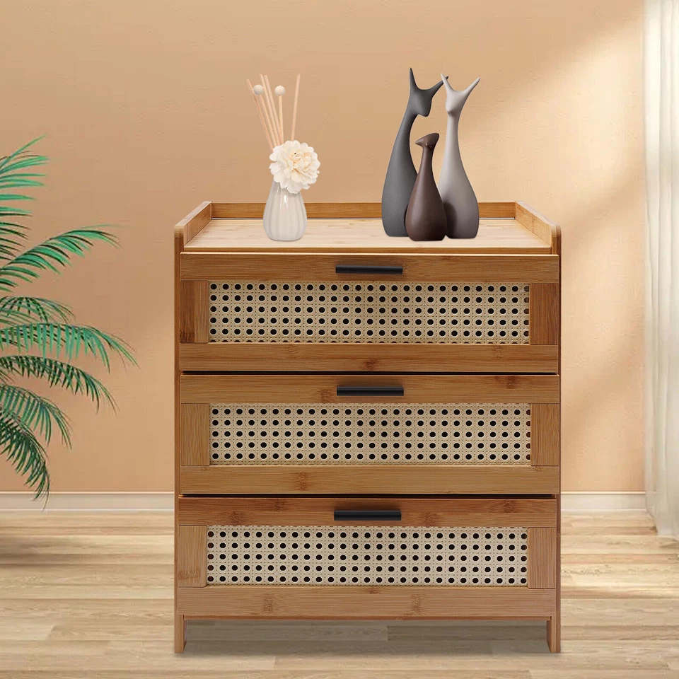 Mesita de noche de madera de bambú mesa auxiliar 3 cajones corredizos mesita de noche gabinete de almacenamiento Foto 3 de 4