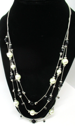 Faux Pearl Black faceted bead rhinestone silvertone layered Necklace