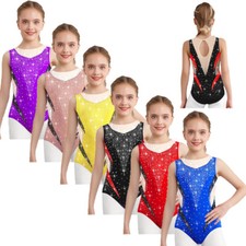 Kids Girls Dancewear Leotard Bodysuit Cheerleading Jumpsuit Rhinestones Dance