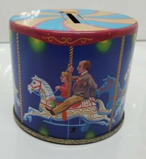 Merry Go Round Tin Carousel Horses & Children Graphic Made in England Vintage