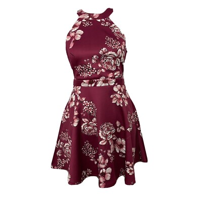 City Vibe Juniors High Neck Fit & Flare Dress Size 5 Floral Print Wine Open Back