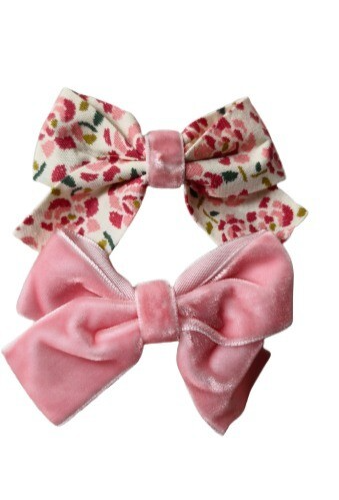 NEW 7cm Pink Floral Cotton Bow Polyester Velvet 5cm Hair Fork Clip Slide Fashion