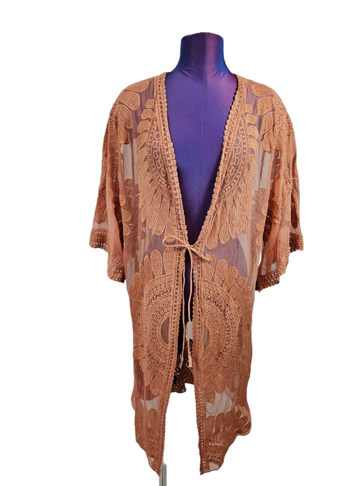 Sheer Lace Kimono in Burnt Orange with Bell Sleeves Festival Style Small C11