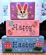 RUSTIC DISTRESSED 3 Pc Happy Easter WOOD BLOCK Shelf Sitter SET Rabbit Bunny 