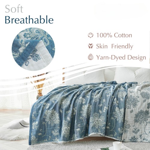 Throw Blanket for Couch 100% Cotton 5 Layer Floral Embroidered Blanket - Picture 9 of 21