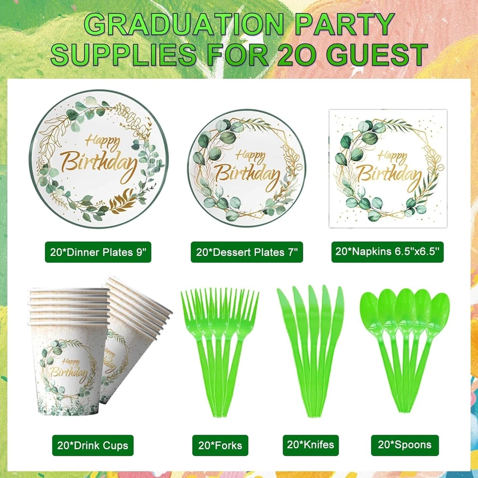 Juego de vajilla de fiesta de cumpleaños verde y dorado (platos, tazas, servilletas, utensilios) Foto 2 de 3