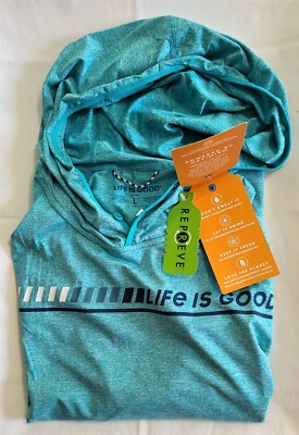 Life Is Good LS Active Hooded Tee RACING STRIPES Moister Wicking UPF Men L 47in