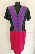 Miss O'Oscar de la Renta Vtg. Linen Black/Purple/Pink Block Dress 1980s Size 12