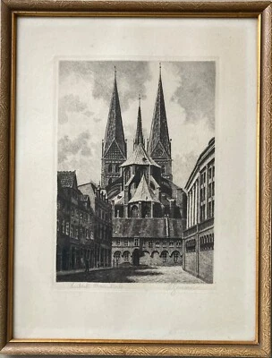 Radierung Hansestadt Lübeck Marienkirche A. Jensen im Bilderrahmen - Bild 1 von 4