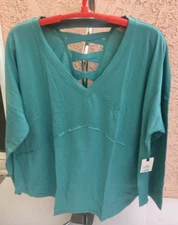 Womens Plus V Neck T Shirt Lattice Detail Teal 1X Or 2X
