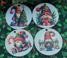 Round Wooden Christmas Gnomes Ornaments, Joy To The World, Set of 8 Made in USA