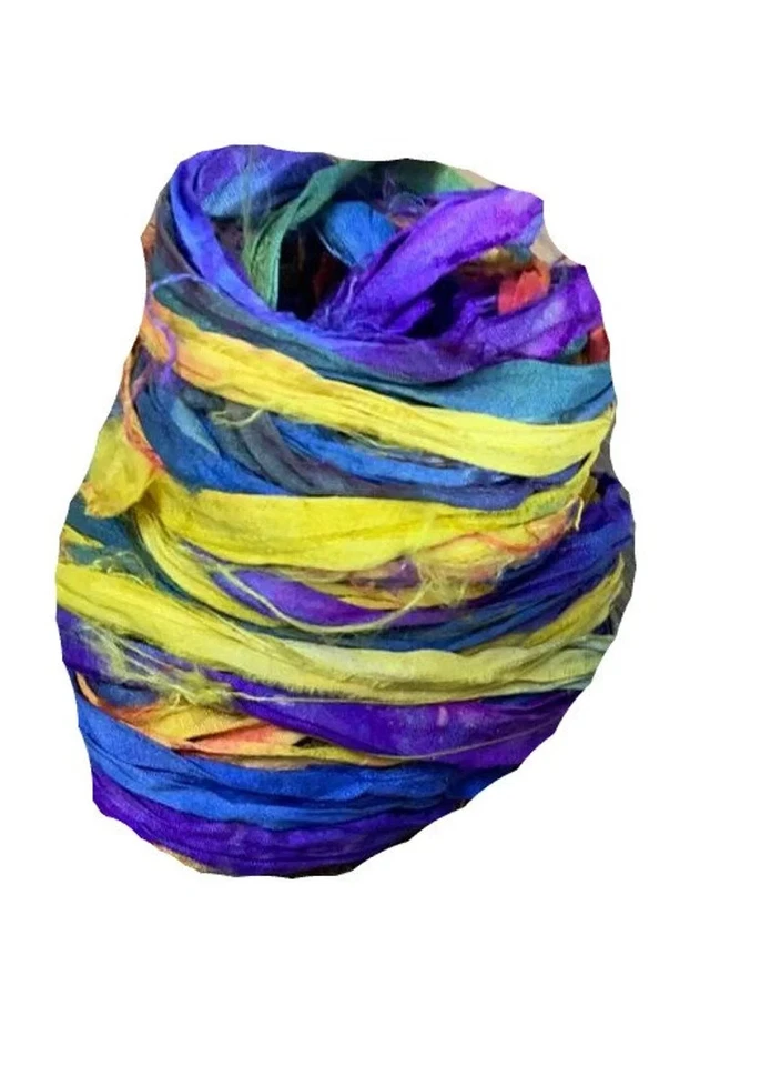 Recycled Sari Silk Ribbon Yarn - Blue and Yellow - 50 GMS - Boho Ribbon - Silk - Image 2 of 4