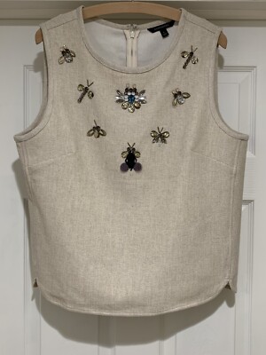 New Banana Republic Jeweled Bugs Bee Dragonfly Embellished Linen Top Sz L $100