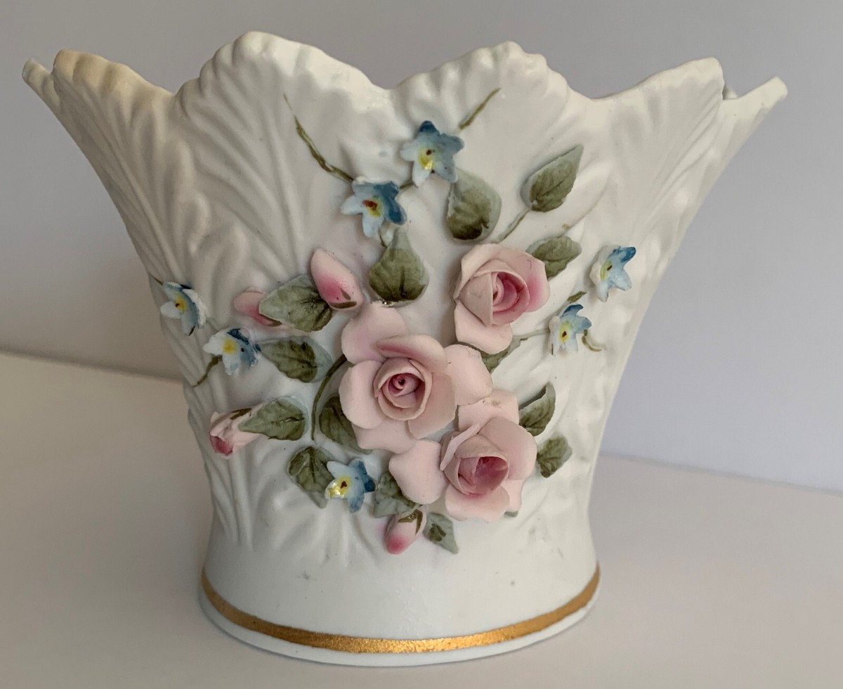Vintage Lefton China #826 Pink Rose & Blue Posies Vase