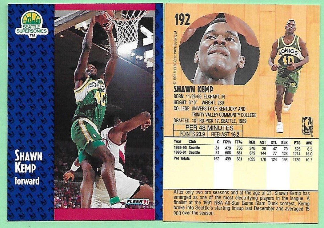 1991-92 Fleer Basketball Shawn Kemp #192 Seattle Supersonics👍