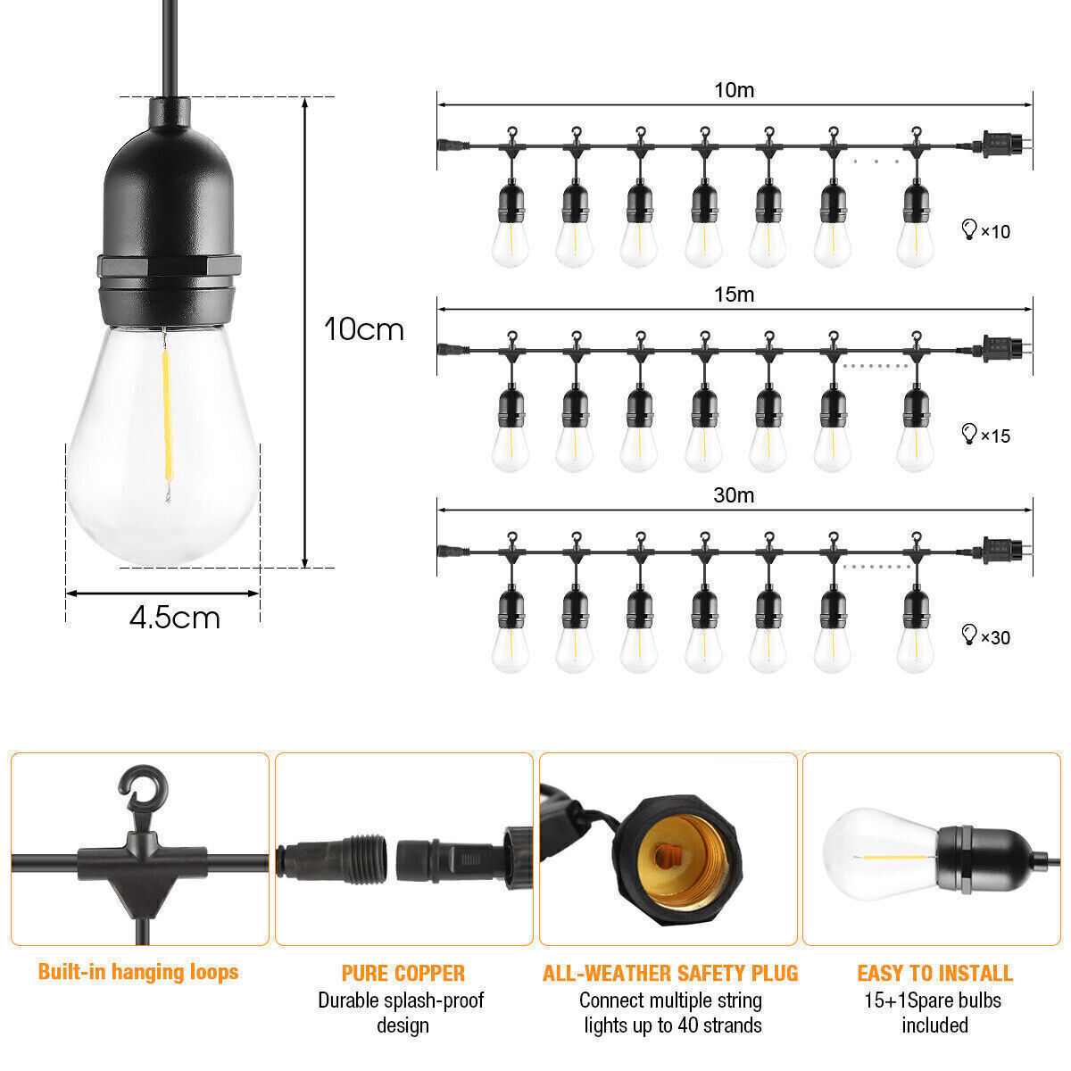 HEAVY DUTY FESTOON E27 IP65 WATERPROOF LED OUTDOOR GARDEN STRING LIGHTS