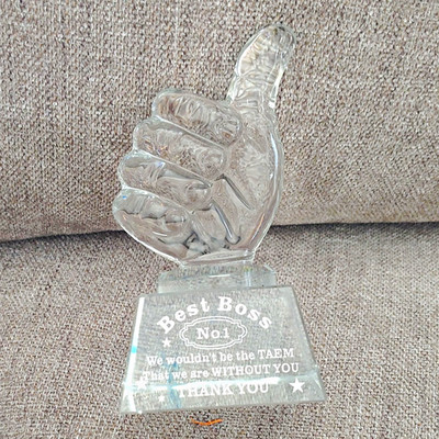 Clear Glass Thumbs Up Hand Figurine Award Trophy ''Best Boss No1'' ''Thank You''