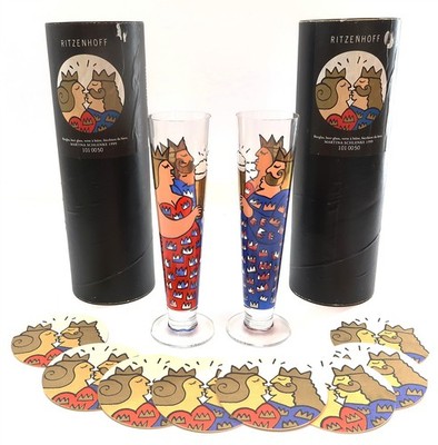 x2 RITZENHOFF Martinia Schlenke German Beer Pilsner Glasses Art Glass w/ Tubes 