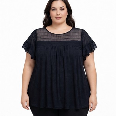 Max Studio Blouse Top Sheer Textured Black 3x Ruffle Sleeve Boho Babydoll Flowy