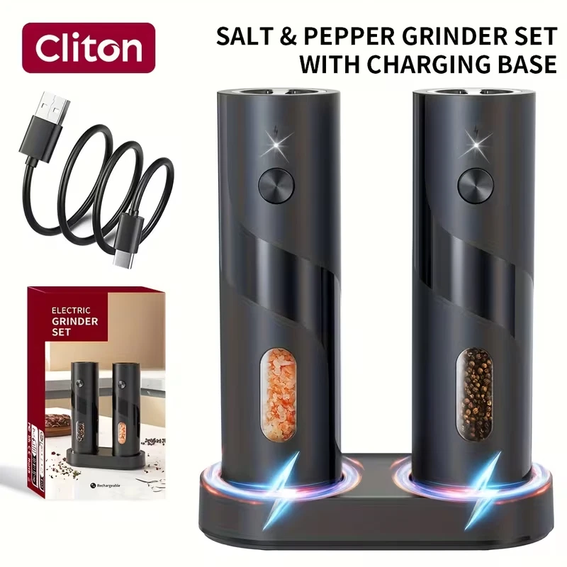 Electric Salt Pepper Grinder Set 2PCS Rechargeable Automatic Mills Adjustable Co
