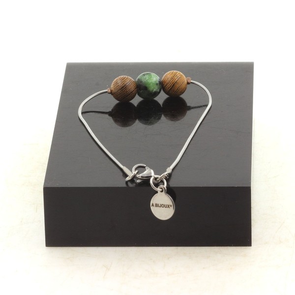 Armband Aus Edelstahl 1 Perle Epidot Aus Australien + Holz 8 Mm. Hergestellt-image