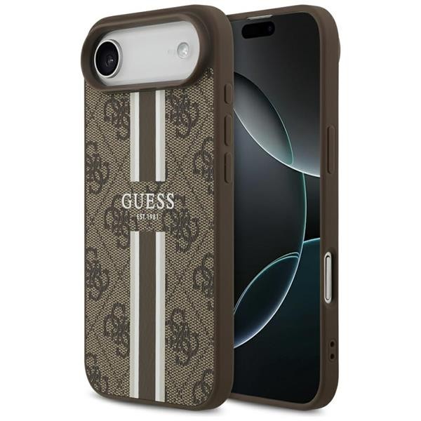 iPhone 17 Air Case Guess MagSafe Brown Faux Leather With Logo Stripes