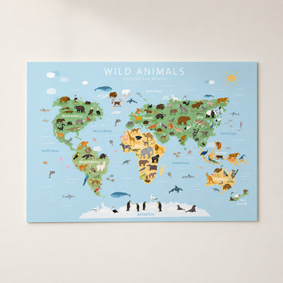Wild Animals World Map Poster, Kids Learning Wall Decor | Multiple Sizes