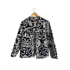 Chicos Navy Blue White Ikat Print Button Front Jacket Size 2 Large