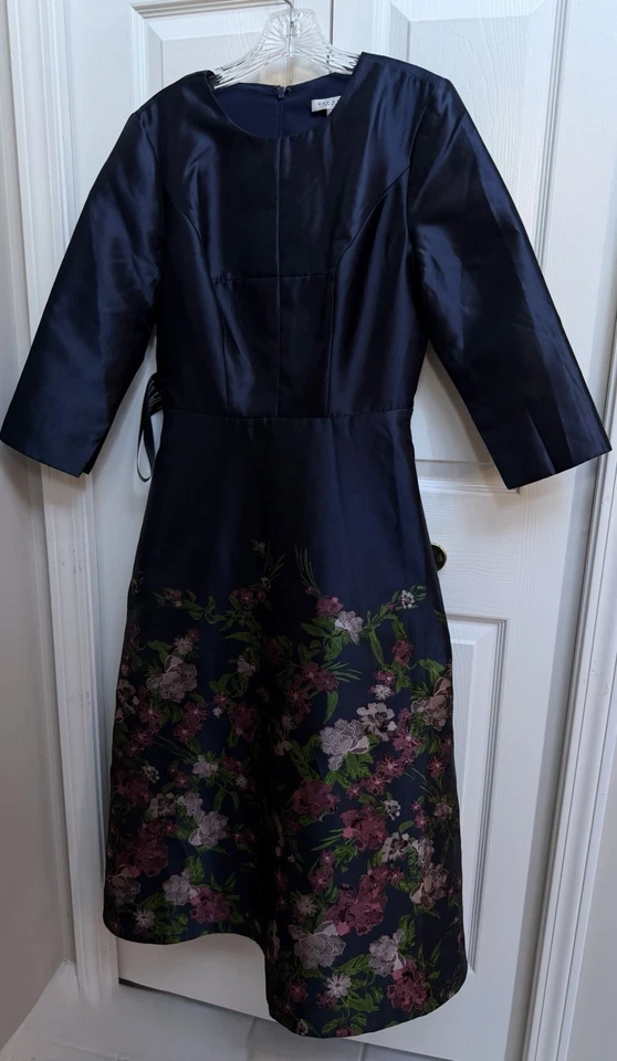 $398 Vestido Kay Unger Talla 8 Claudette Floral Jacquard Midi Oscuro Crepúsculo Multi Foto 4 de 4