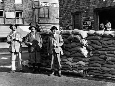 Town officials outside Sandwich town hall watch British planes fly- Old Photo