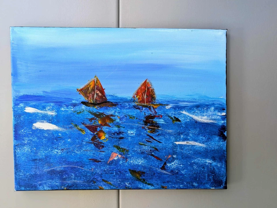 Cuadro acrílico velero abstracto sobre lienzo 12x16 original de Mark Thompson Foto 4 de 4