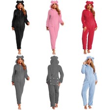 Womens Rompers Button Jumpsuit Opening Homewear Teddy Warm Sleepsuit Flannel