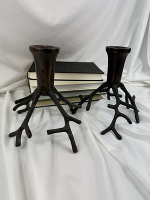 Vintage Brutalist Branch Design Candle Taper Holders Wrought Iron 2 Pair Organic