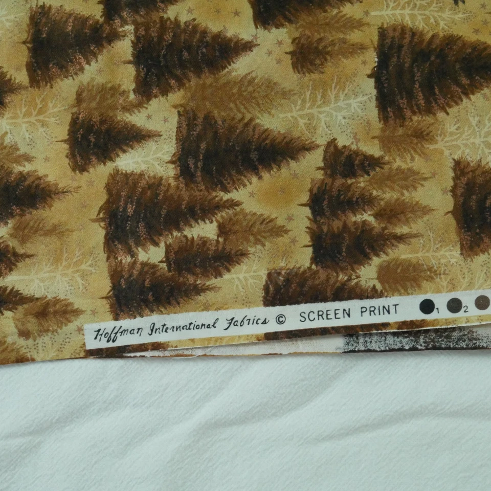1Y Hoffman Quilt Cotton Fabric Brown Tan Tree Winter Christmas Metallic Craft - Image 4 of 4