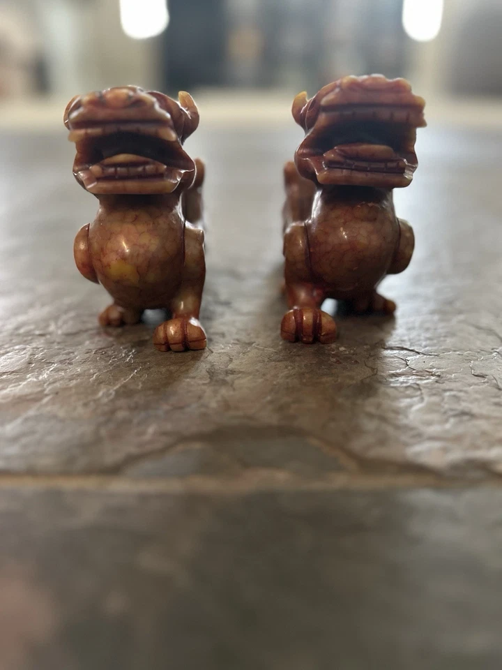 Par de Esculturas de Dragón Feng Shui Jade Rojo De Colección Excelente Estado Raro Foto 2 de 4