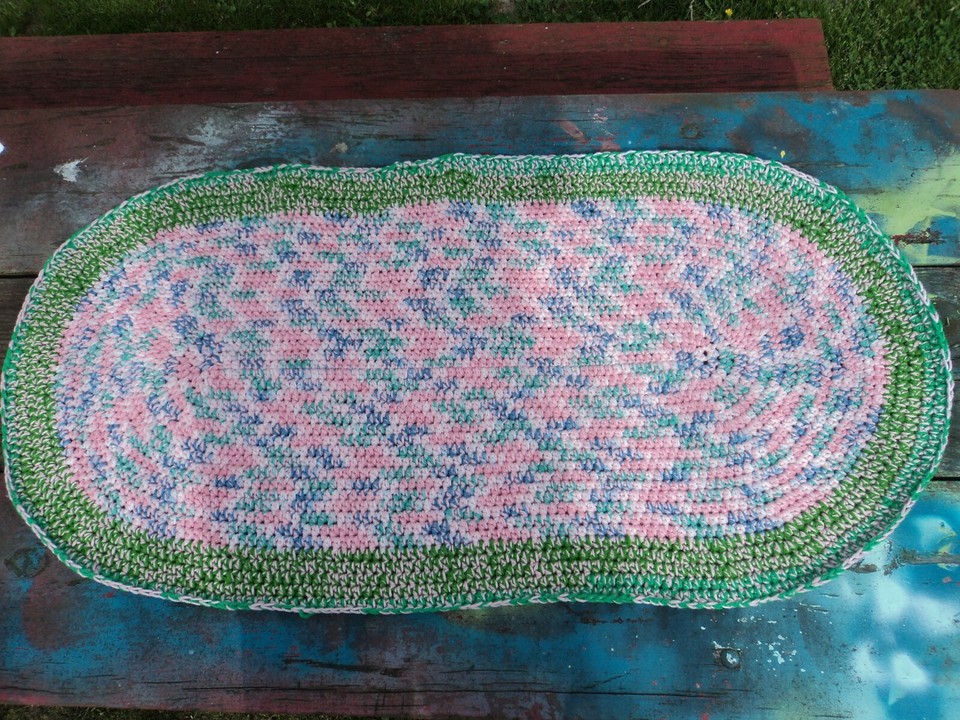 Hand crocheted hand made acrylic yarn oval area rug green pink and blue ...
