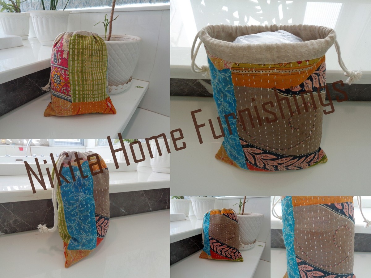 25 Pc Vintage Cotton Kantha Bags Drawstring Bucket Handmade Indian