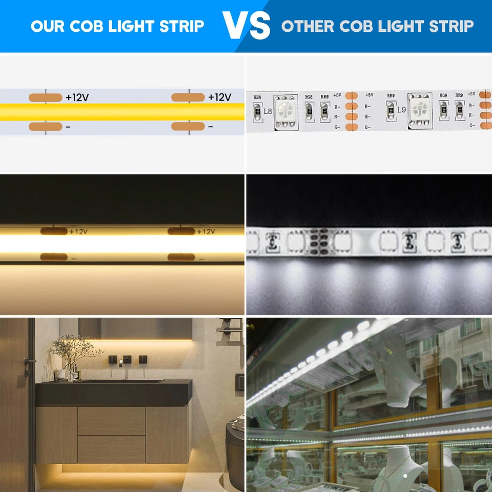 DC12/24V COB LED Strip Lights Flexible Tape Lights Home DIY Lighting 320LEDs/M - Image 4 of 4