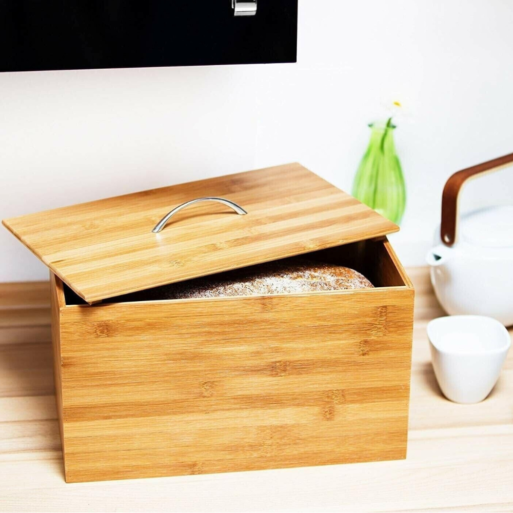 Bamboo Wooden Bread Bin with Lid Kitchen Countertop Storage Box for