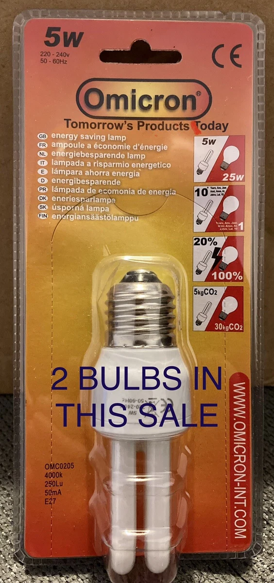 2 X Omnicron 5W 25W Energy Saver Bulb Edison Screw Large Screw Not Thin Screw