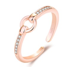 Sparkling Rose Gold or 925 Silver Plated Circle CZ Bar Open Adjustable Ring Gift