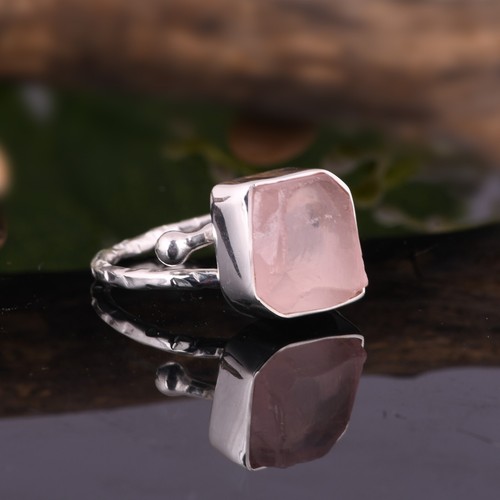 Rough Rose Quartz 925 Sterling Silver Adjustable Ring Engagement Gift For Her - Picture 3 of 5