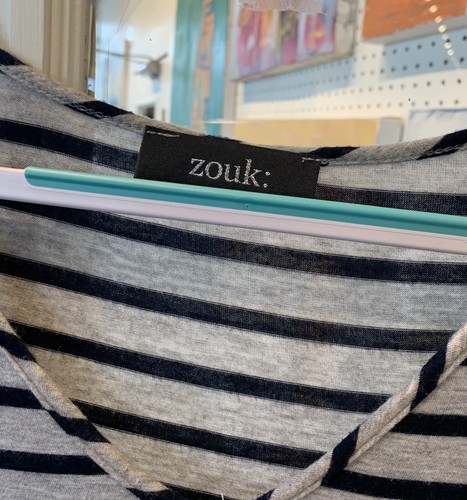 Zouk Women's Tee Gray & Navy Stripe - Picture 6 of 6