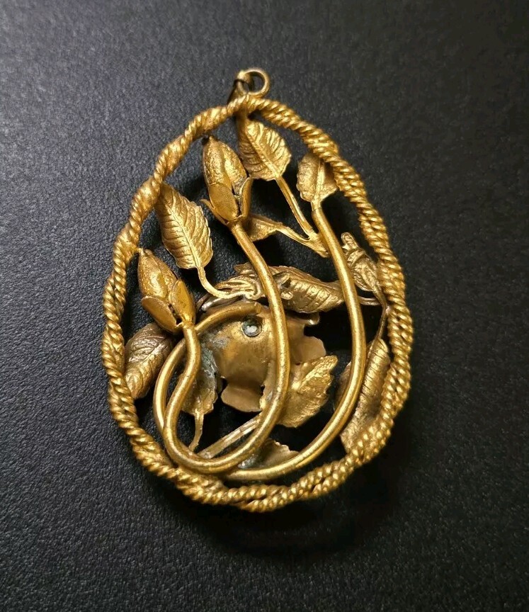 Antique Art Nouveau Brass Drop Pendant Necklace - image 2